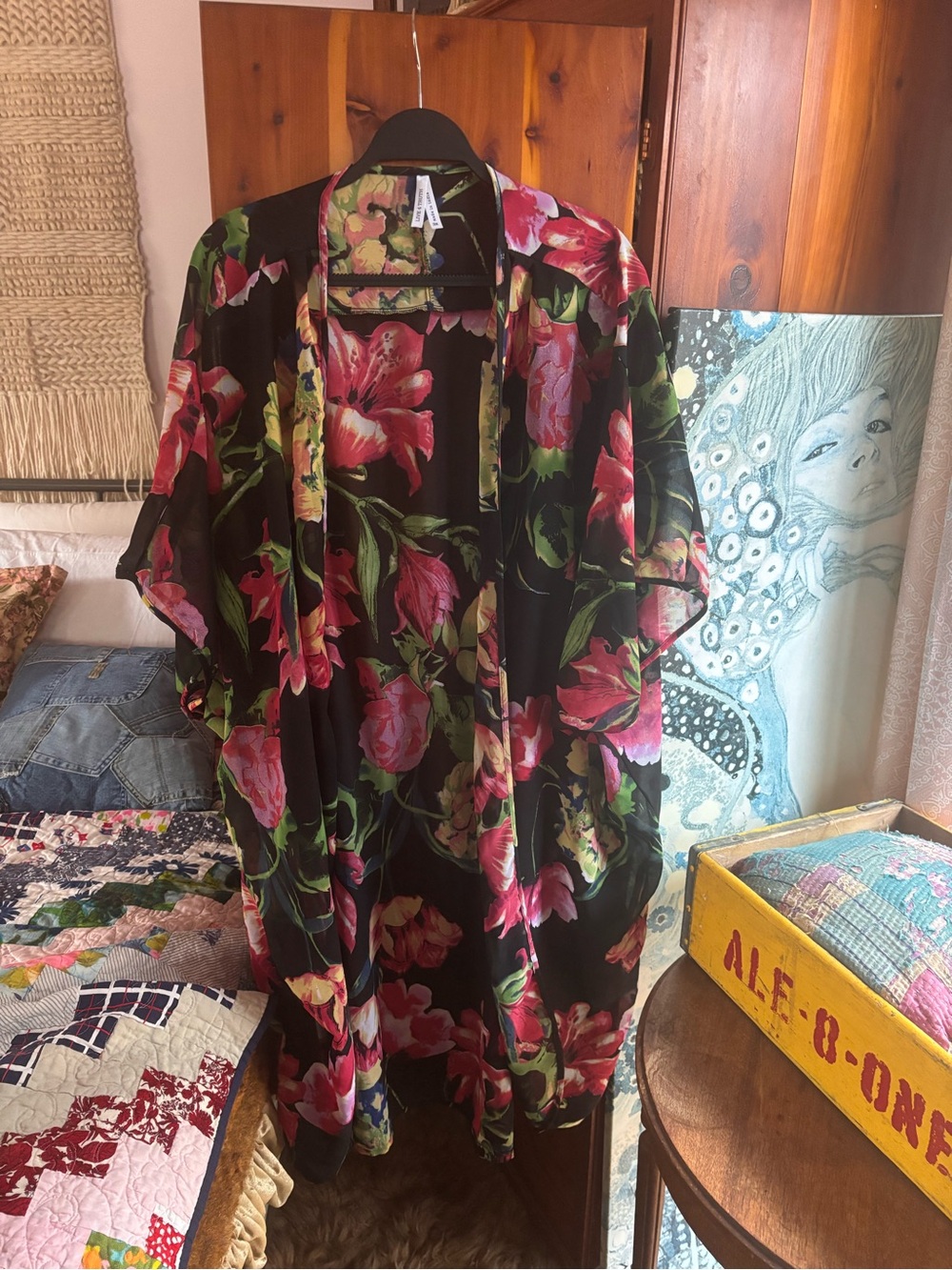 Live 4 Truth Black Floral Kimono Jacket with Pink & Green Flowers